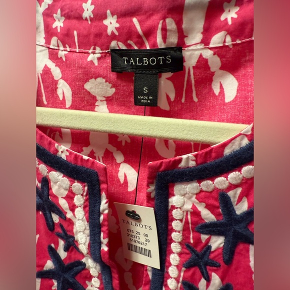 Talbots Pink White Blue Lobster Print Embroidered Cotton Tunic Top Size S NEW - Picture 5 of 6